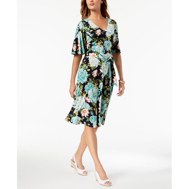 Charter Club Petite Floral Print Flutter Sleeve Dress